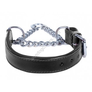 Adjustable PADDED Half check / Martingale Leather Dog Collar - Black with Black Lining. (Stainless Steel Chain)